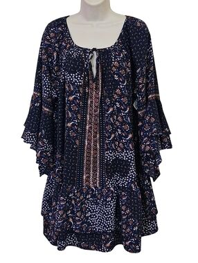 Umgee Blue/Brown Print Boho Flared Sleeve Babydoll Dress,Large